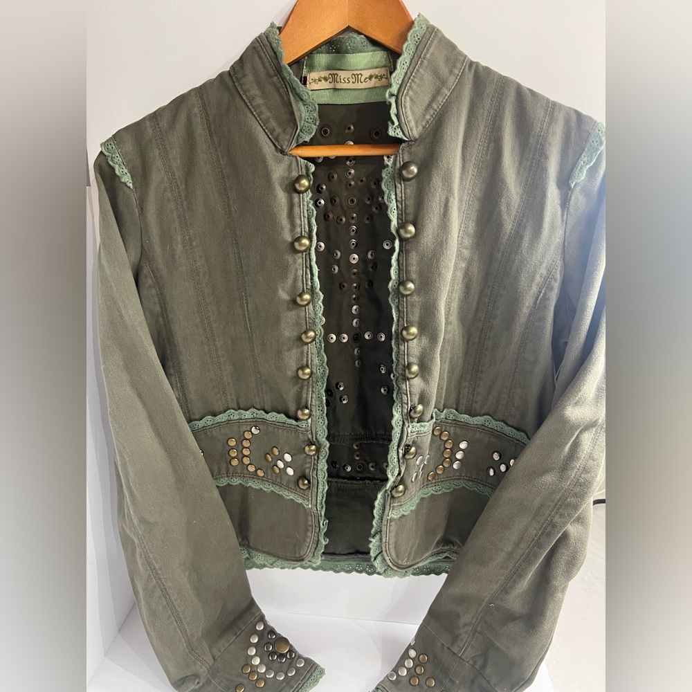 Miss Me Ladies Jacket, Army Green with Metal Detail, Size: M